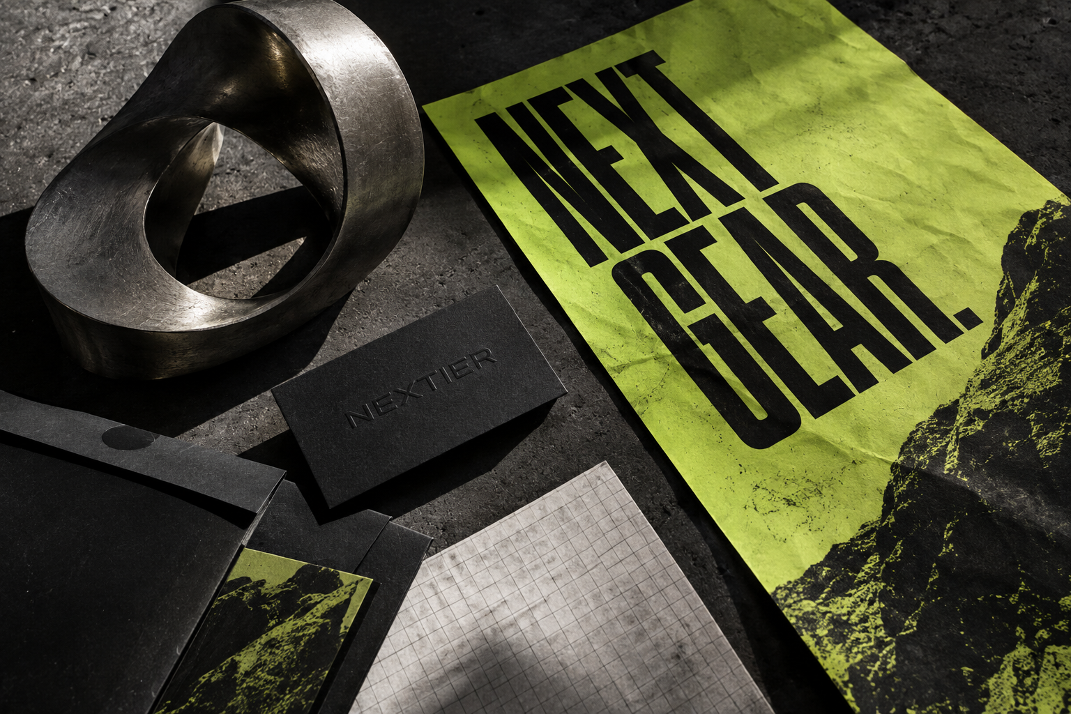 Nextier concept brand study: textured lime campaign poster, brushed metal loop and embossed stationery